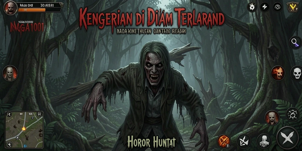 Tampilan antarmuka game NAGA1001 dengan suasana hutan horor yang menakutkan.
