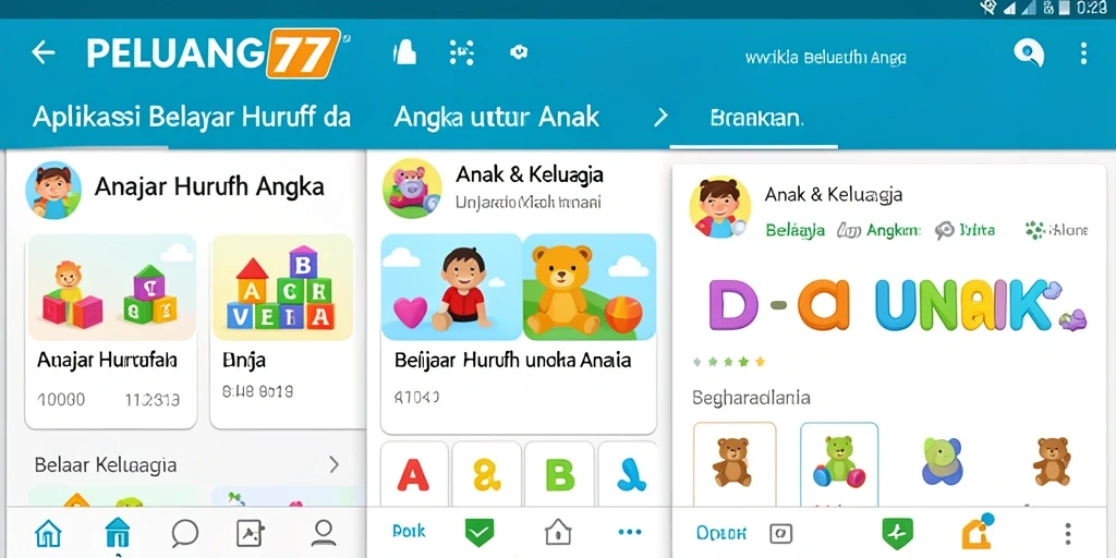 Antarmuka PELUANG77 untuk belajar huruf dan angka yang ceria.